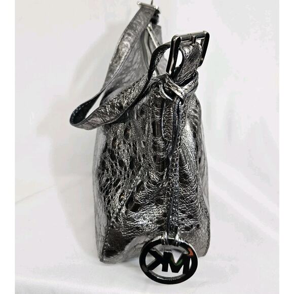 Michael Kors Silver Metallic Textured Patent Leather Logo Charm Shoulder Bag - Picture 6 of 15